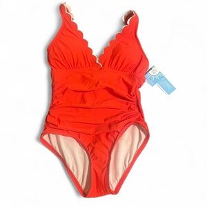 Elegant Red Scalloped One Piece Swimsuit